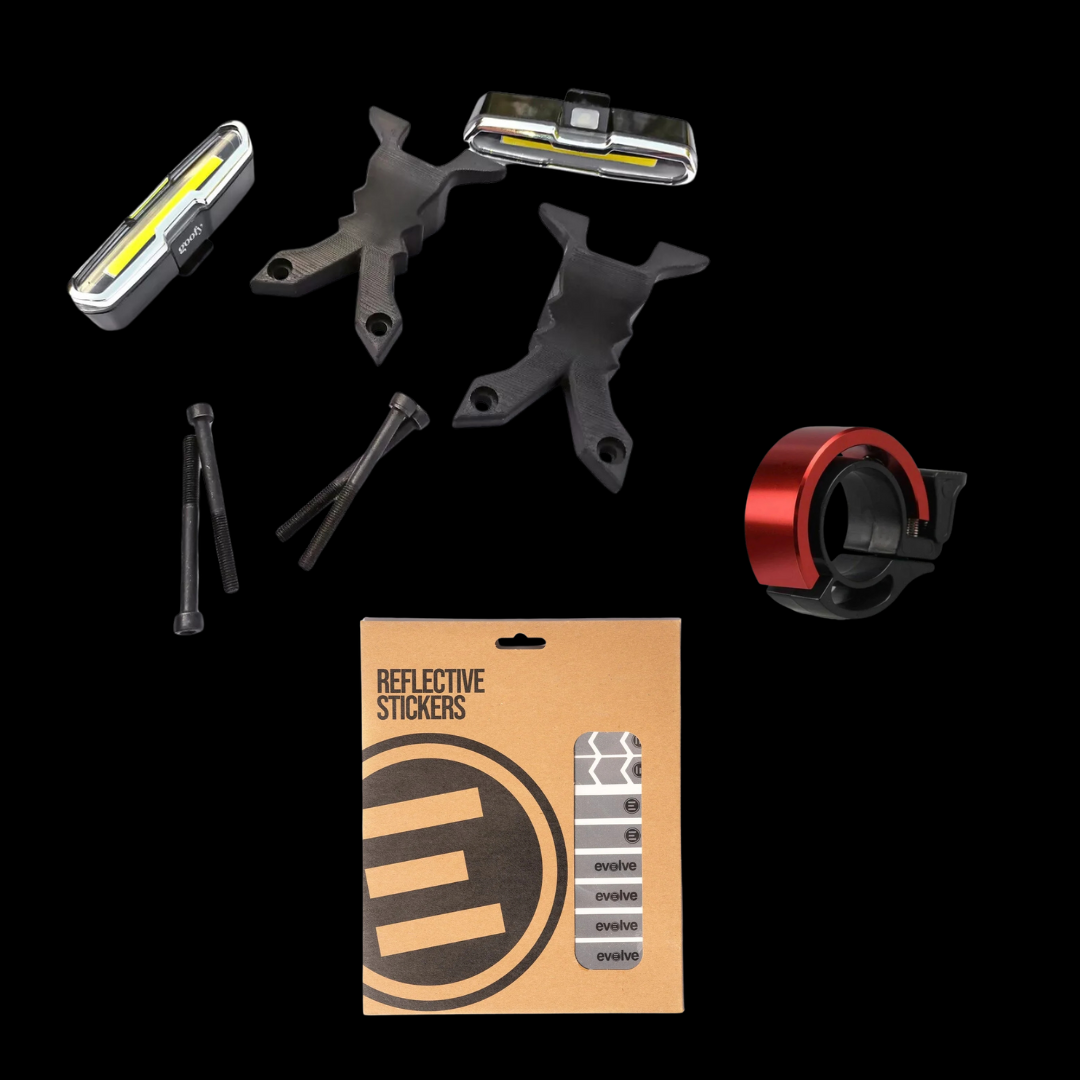 Kit d'équipements obligatoires pour rouler sur route en skateboard électrique Evolve Diablo Bamboo